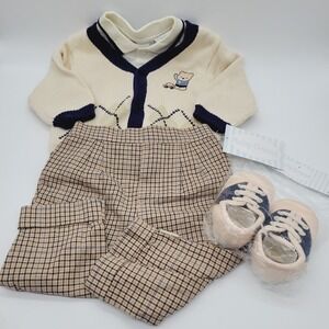 Vintage BABY GRAND Baby Boy Outfit 100% Cotton Teddy Bear Embroidered Cardigan